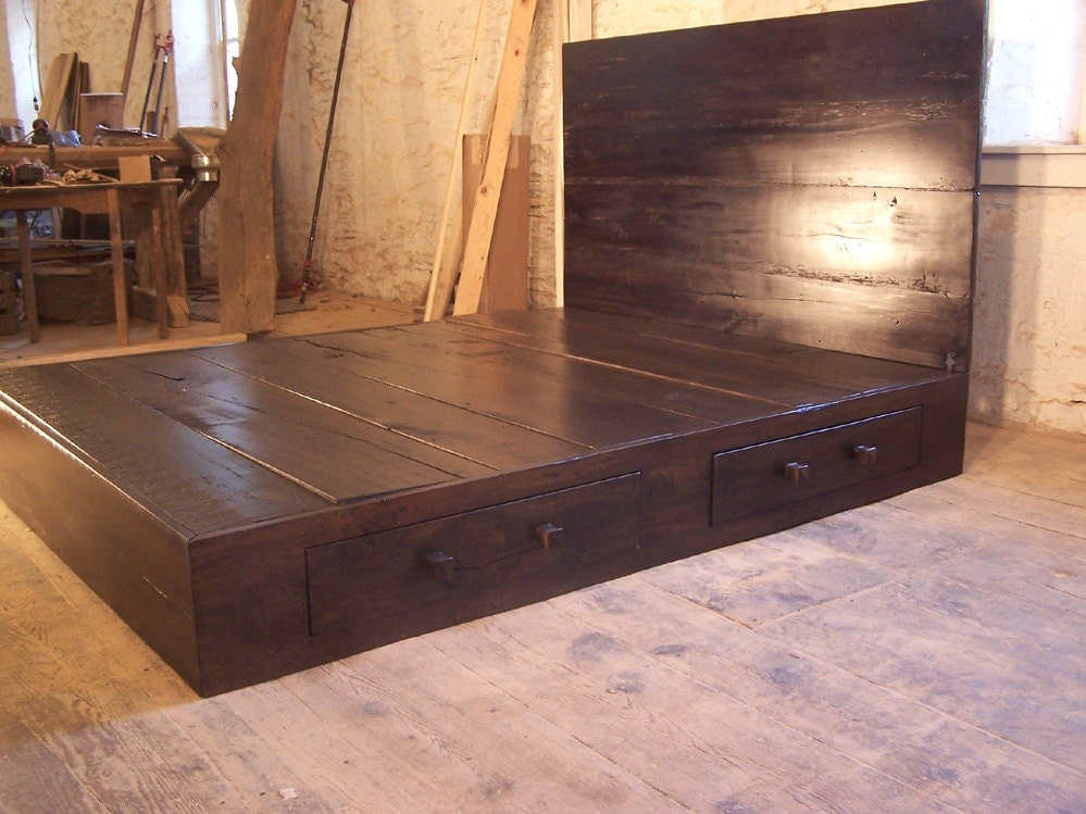 Rustic Reclaimed Wood Platform Bed with Storage