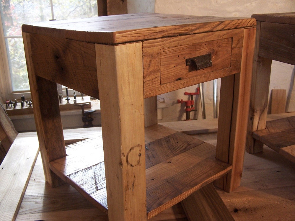 Rustic Parsons Style End Tables with Drawer, Shelf and Vintage Pulls