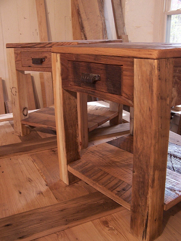 Rustic Parsons Style End Tables with Drawer, Shelf and Vintage Pulls