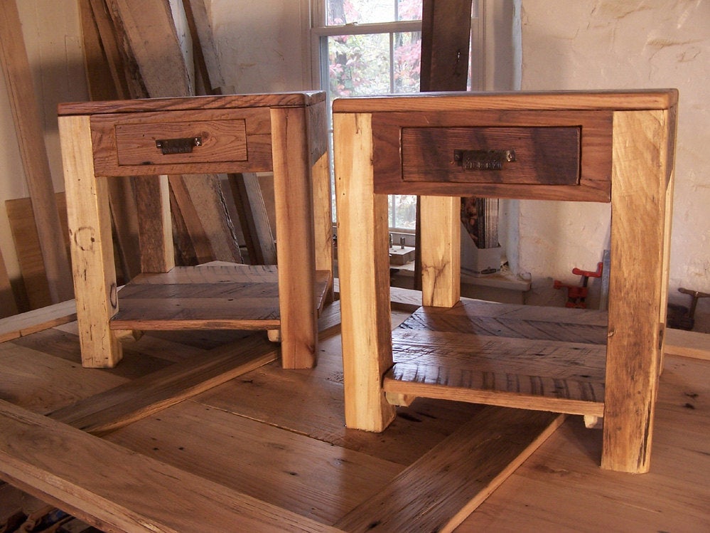 Rustic Parsons Style End Tables with Drawer, Shelf and Vintage Pulls