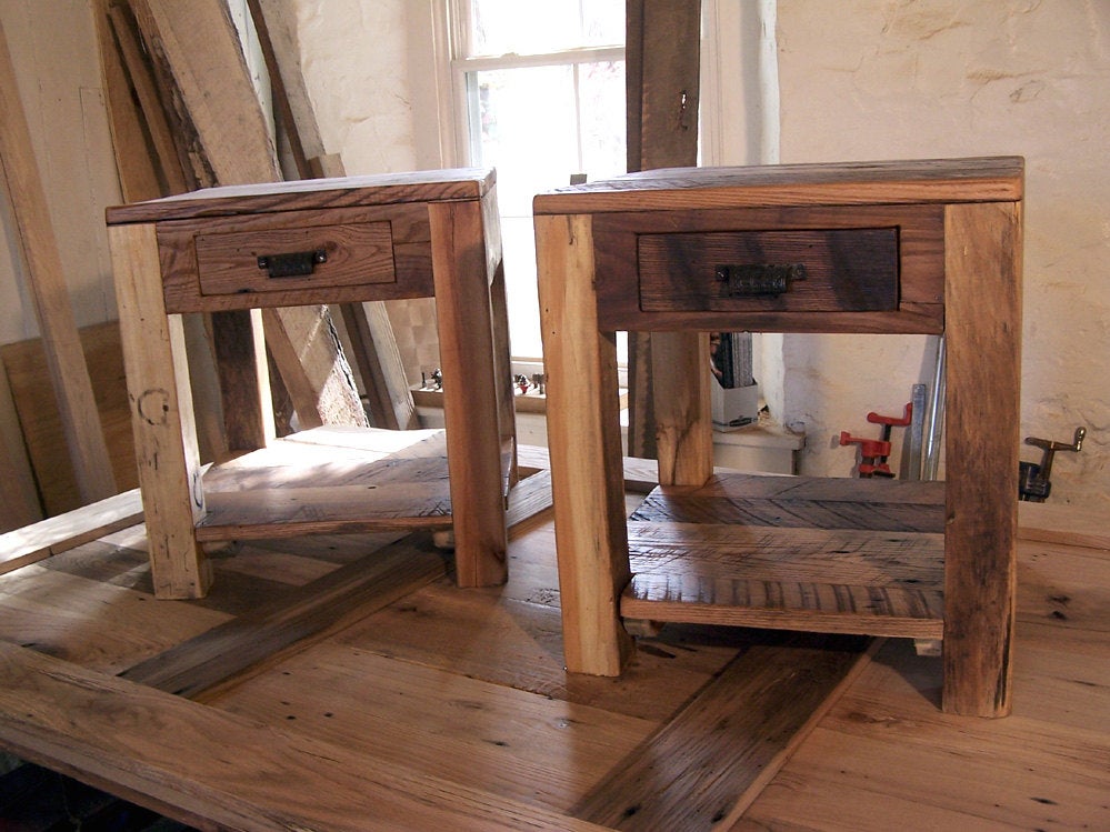 Rustic Parsons Style End Tables with Drawer, Shelf and Vintage Pulls