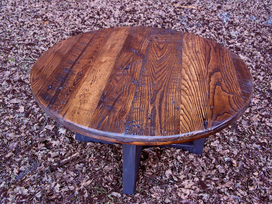 Reclaimed Wormy Chestnut Round Coffee Table with Metal Base