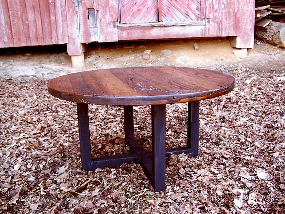 Reclaimed Wormy Chestnut Round Coffee Table with Metal Base