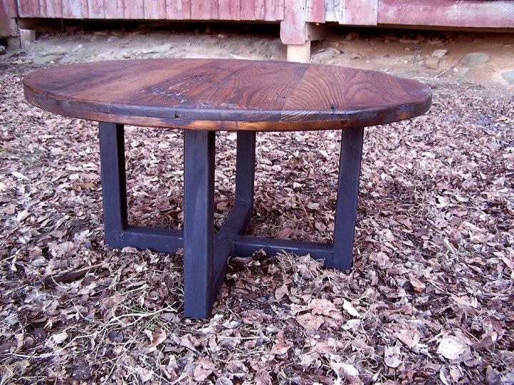 Reclaimed Wormy Chestnut Round Coffee Table with Metal Base