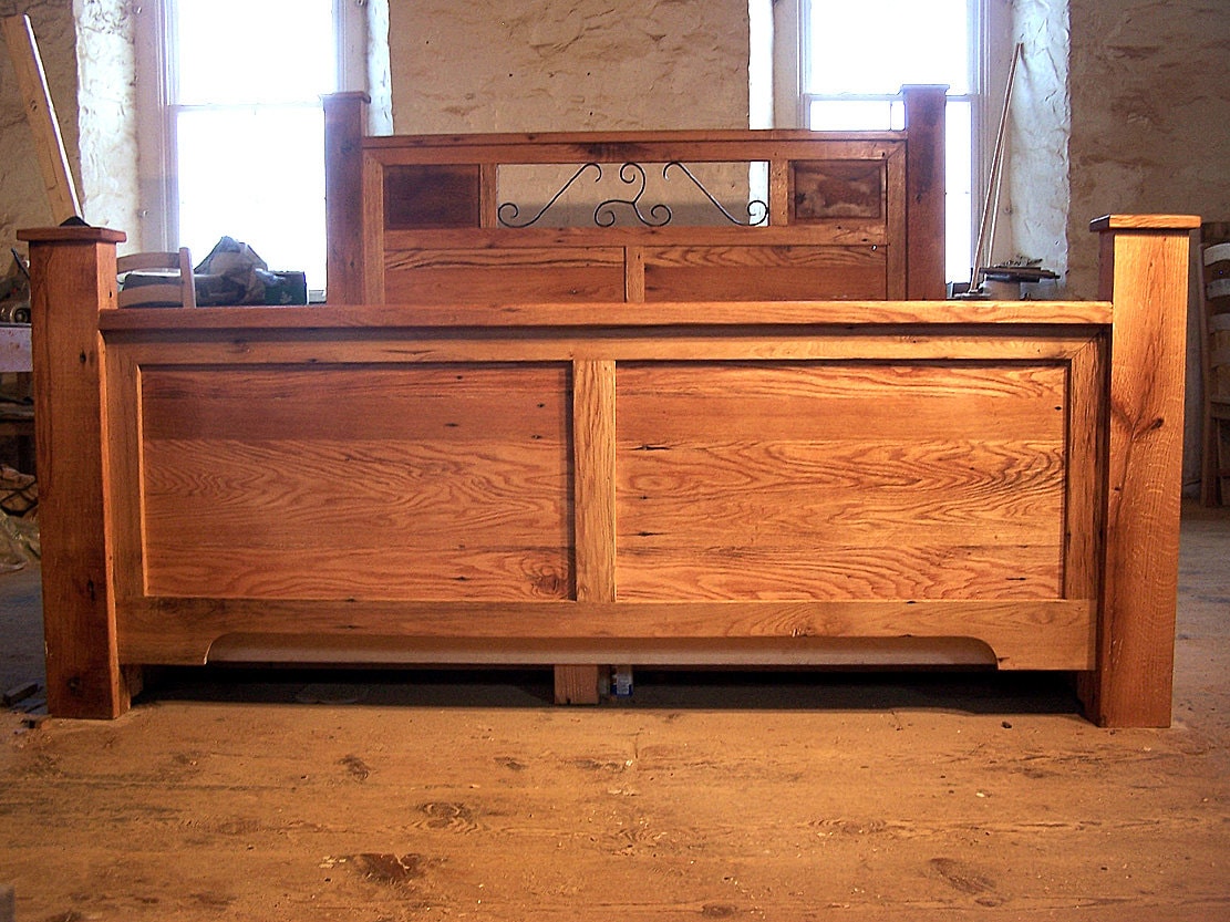 Reclaimed Barnwood Platform Bed with Wrought Iron Detail