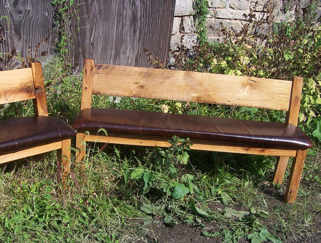 Reclaimed Barnwood Bench with Back & Leather Seat