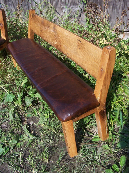 Reclaimed Barnwood Bench with Back & Leather Seat