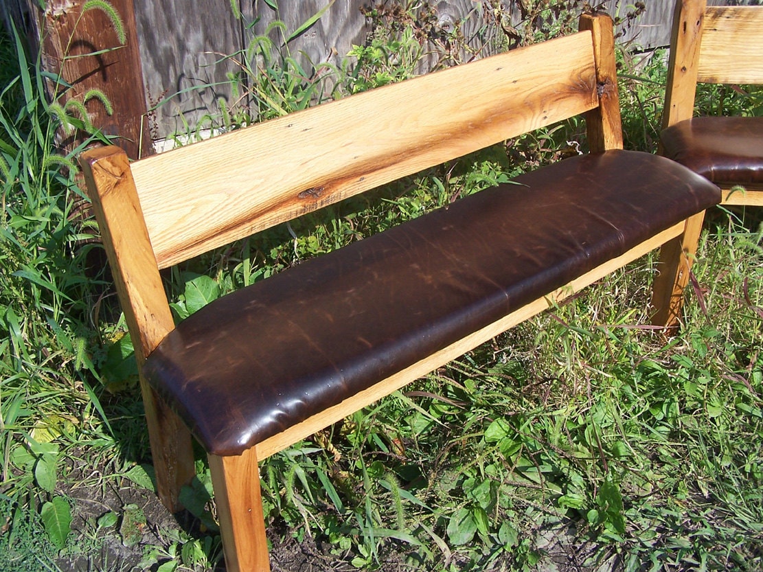 Reclaimed Barnwood Bench with Back & Leather Seat