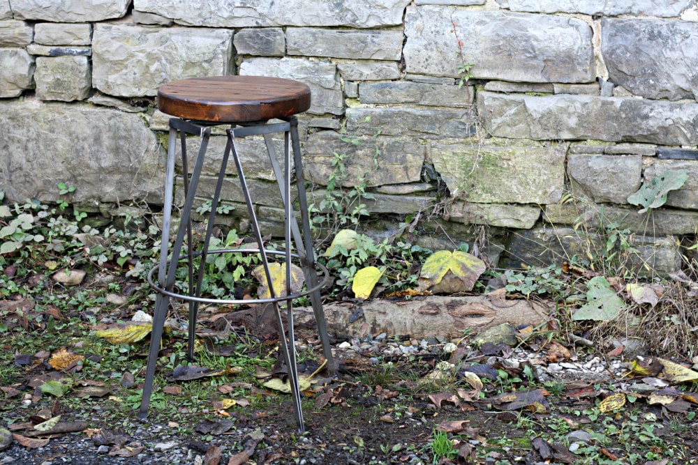 Vintage-style Wood & Metal Swivel Stool w/ Footrest