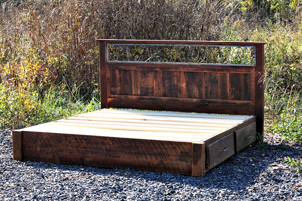 Reclaimed Wood & Iron Platform Bed with Storage