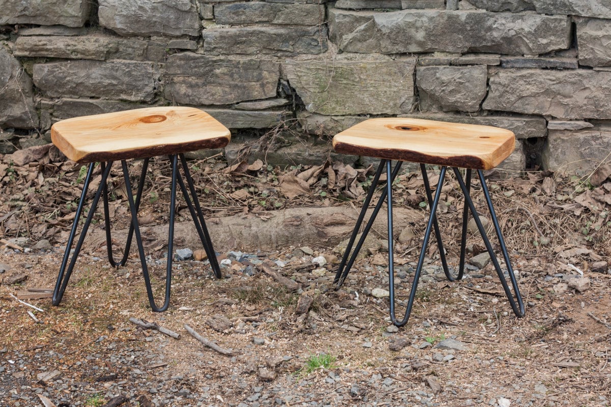 Mid-century Modern Live Edge Stool w/ Hairpin Base