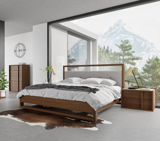 Queen Nova Domus Falcor - Modern Grey Fabric & Walnut Veneer Bed