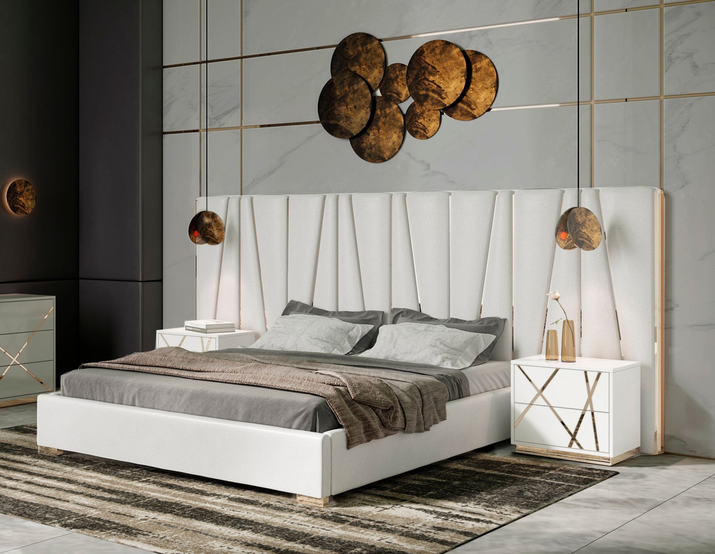 Queen Modrest Nixa Modern White Bonded Leather & Gold Bed