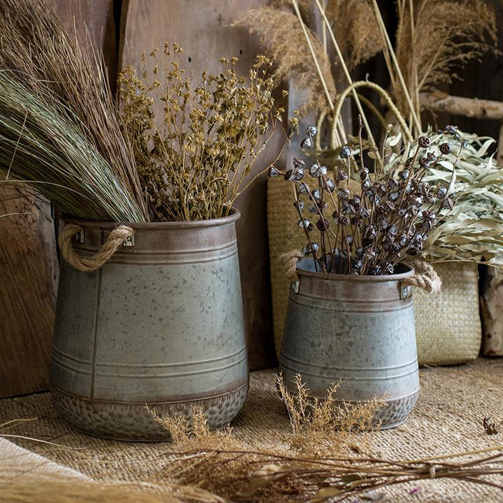 Metal Flower Pail with Rope Handles