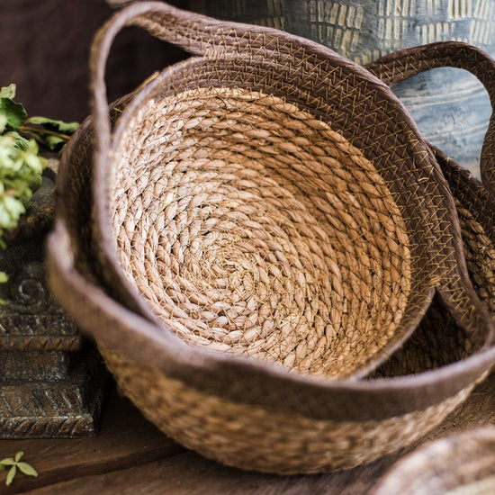 Khaki Brown Straw Basket w/ Handles