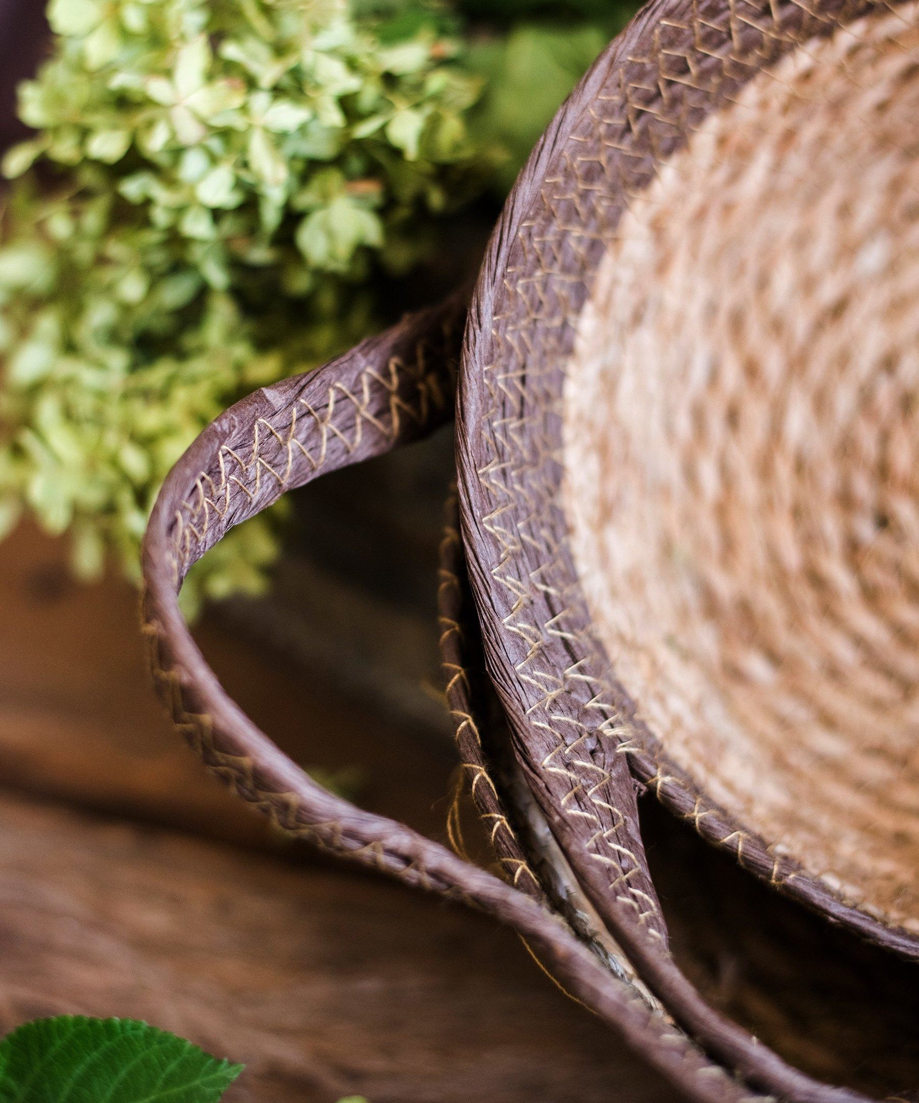 Khaki Brown Straw Basket w/ Handles