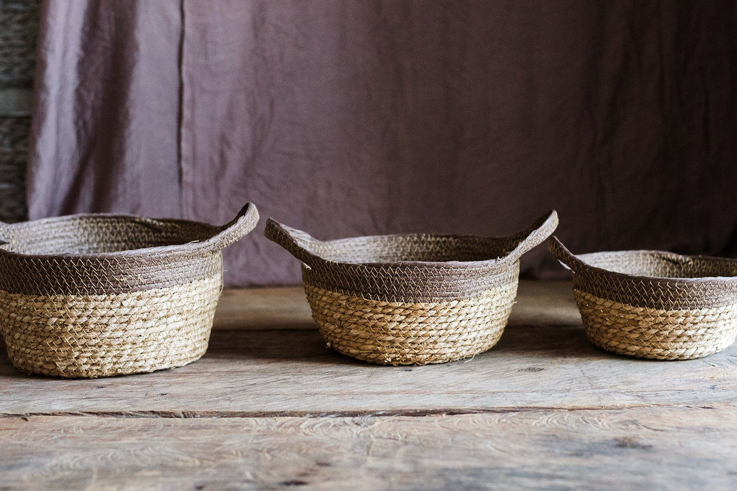 Khaki Brown Straw Basket w/ Handles