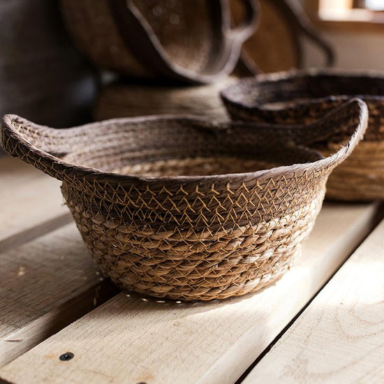 Khaki Brown Straw Basket w/ Handles