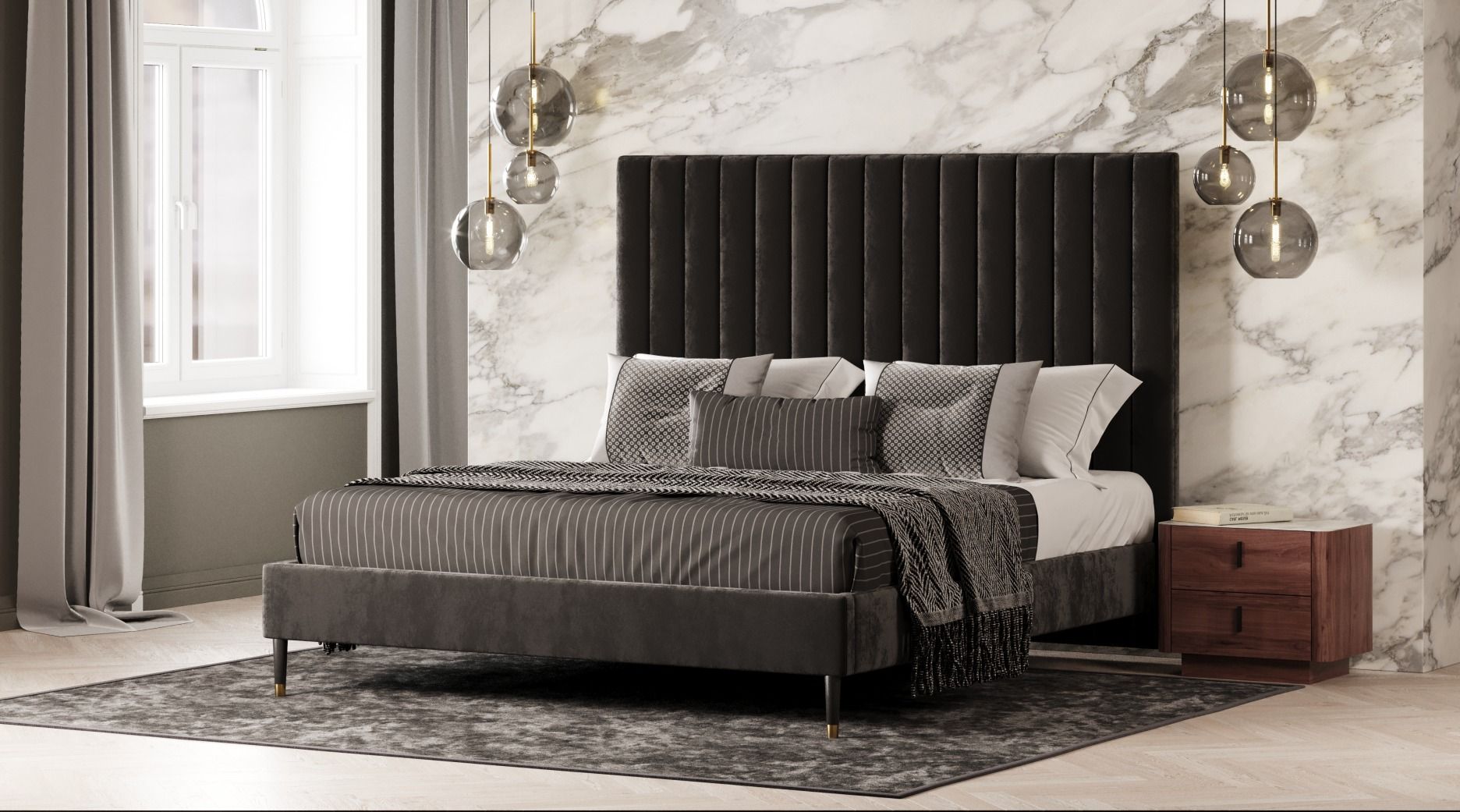 Queen Modrest Hemlock Modern Grey Velvet Bed