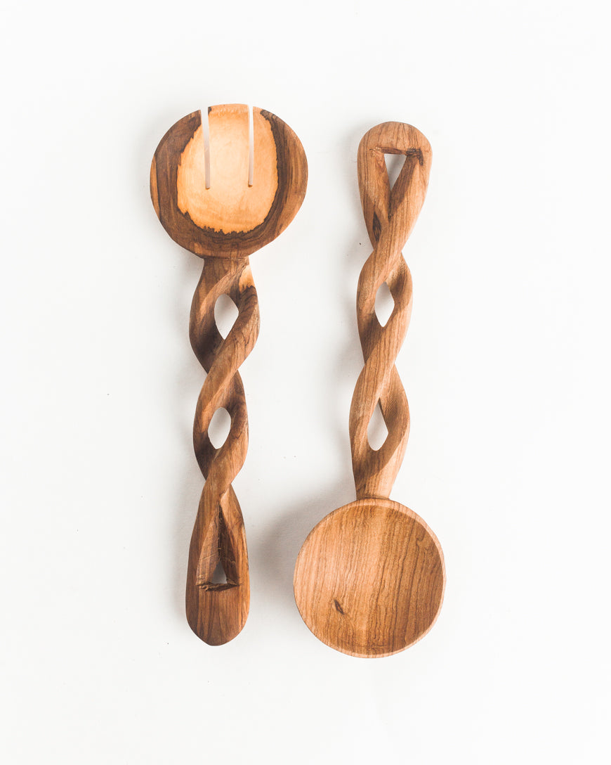 Olive Wood Spiral Salad Servers