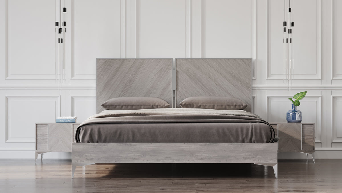 Nova Domus Alexa Italian Modern Grey Bed + 2 Nightstands Set