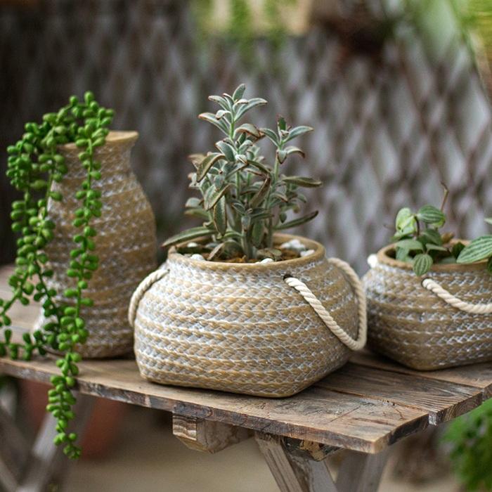 Tiny Ceramic Planter Hemp Bag Design with Rope Handles