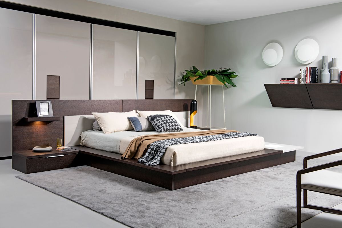 Modrest Torino Contemporary Brown Oak & Grey Platform Bed w/ Lights