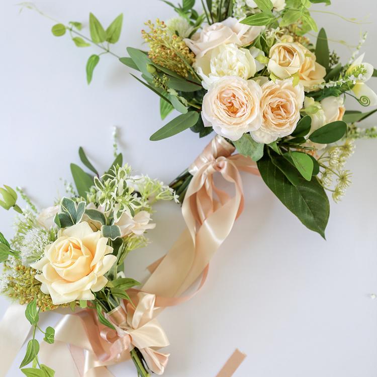 Wedding Bouquet Champagne Rose White Daisy with Greenery Leaves