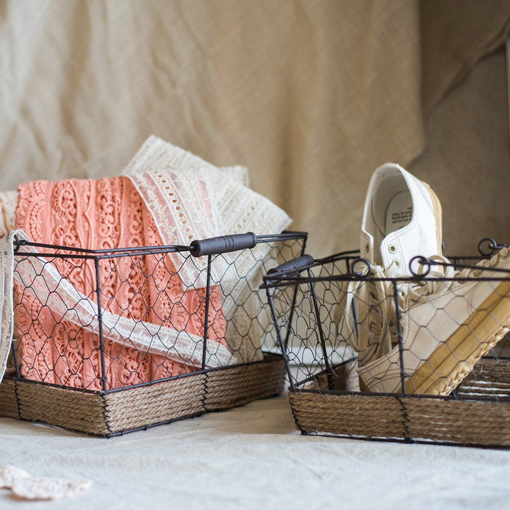 Wire Carry Basket With Hemp Rope Bottom Rectangular