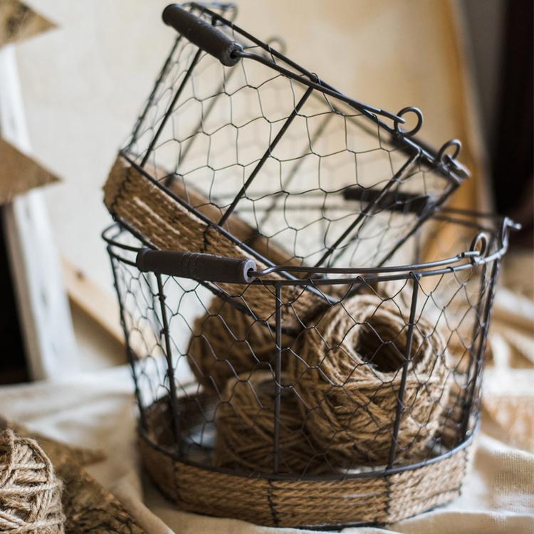 Wire Carry Basket With Hemp Rope Bottom Round