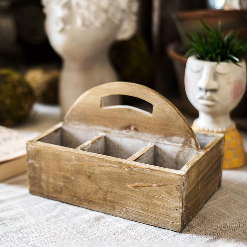 Wooden Box basket with Carry Handle