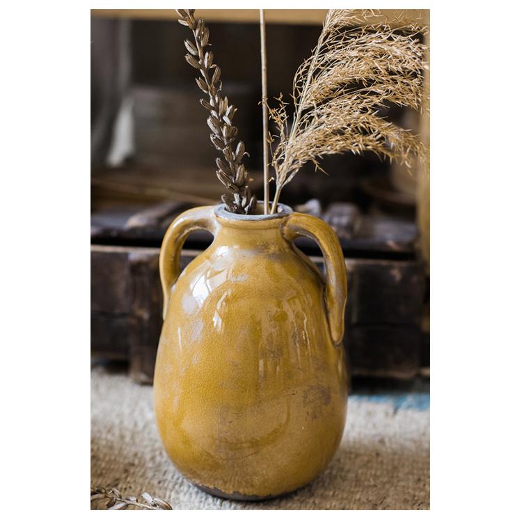 Yellow Glazed Ceramic Vase with Handles