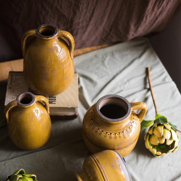 Yellow Glazed Ceramic Vase with Handles